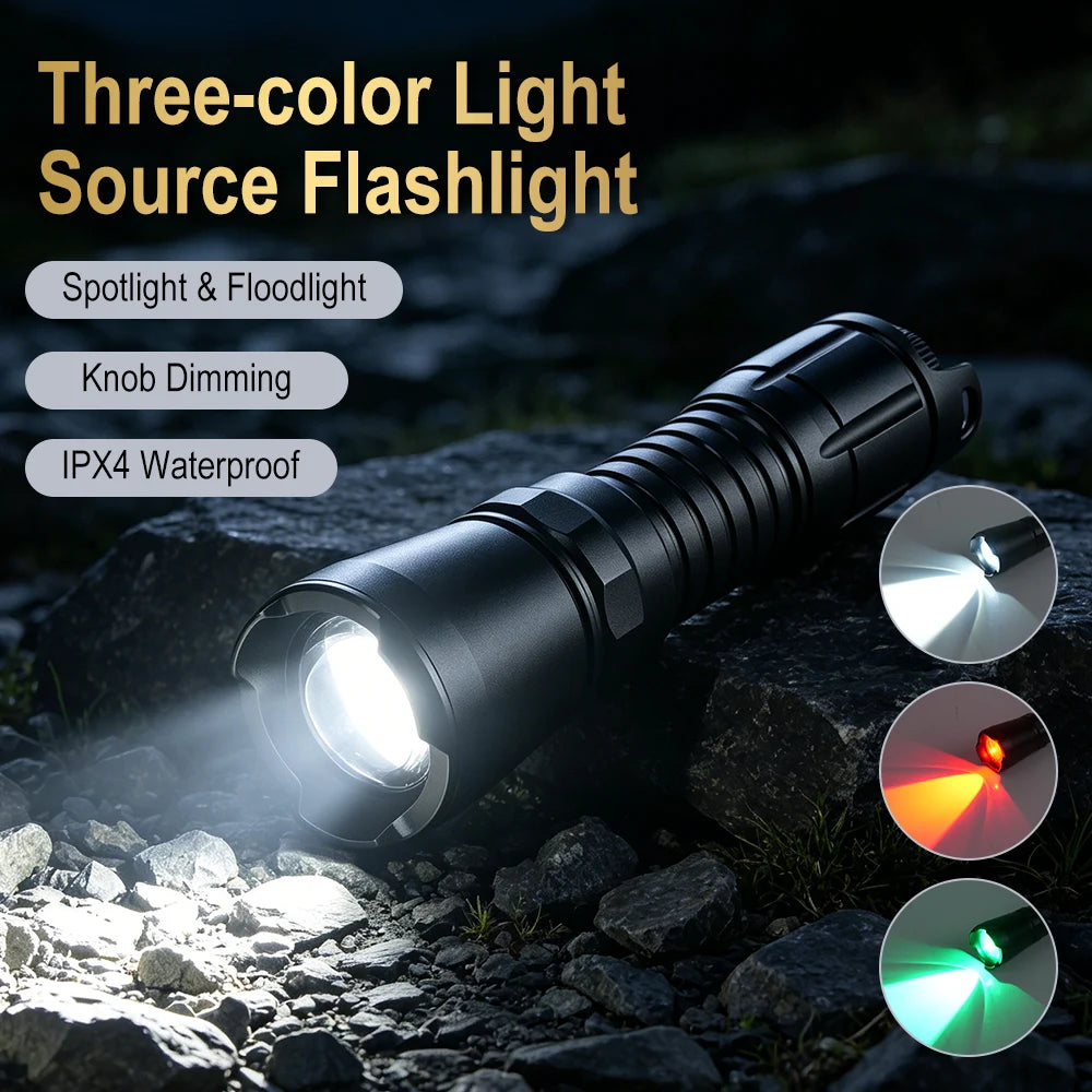 BORUiT 800LM Zoomable LED Flashlight – 3-Color Camping Torch Zoomable LED Flashlight Qst