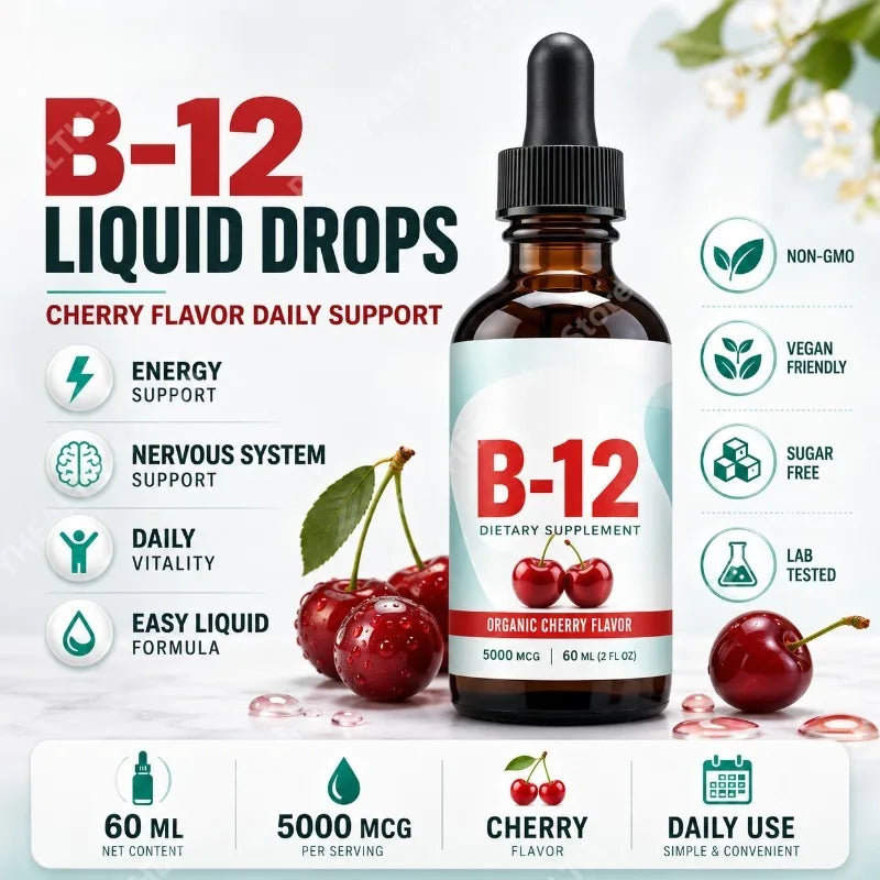 Vitamin B12 Drops 5000mcg Methylcobalamin Cherry Vegan 60ml Vitamin B12 Supplement Qst