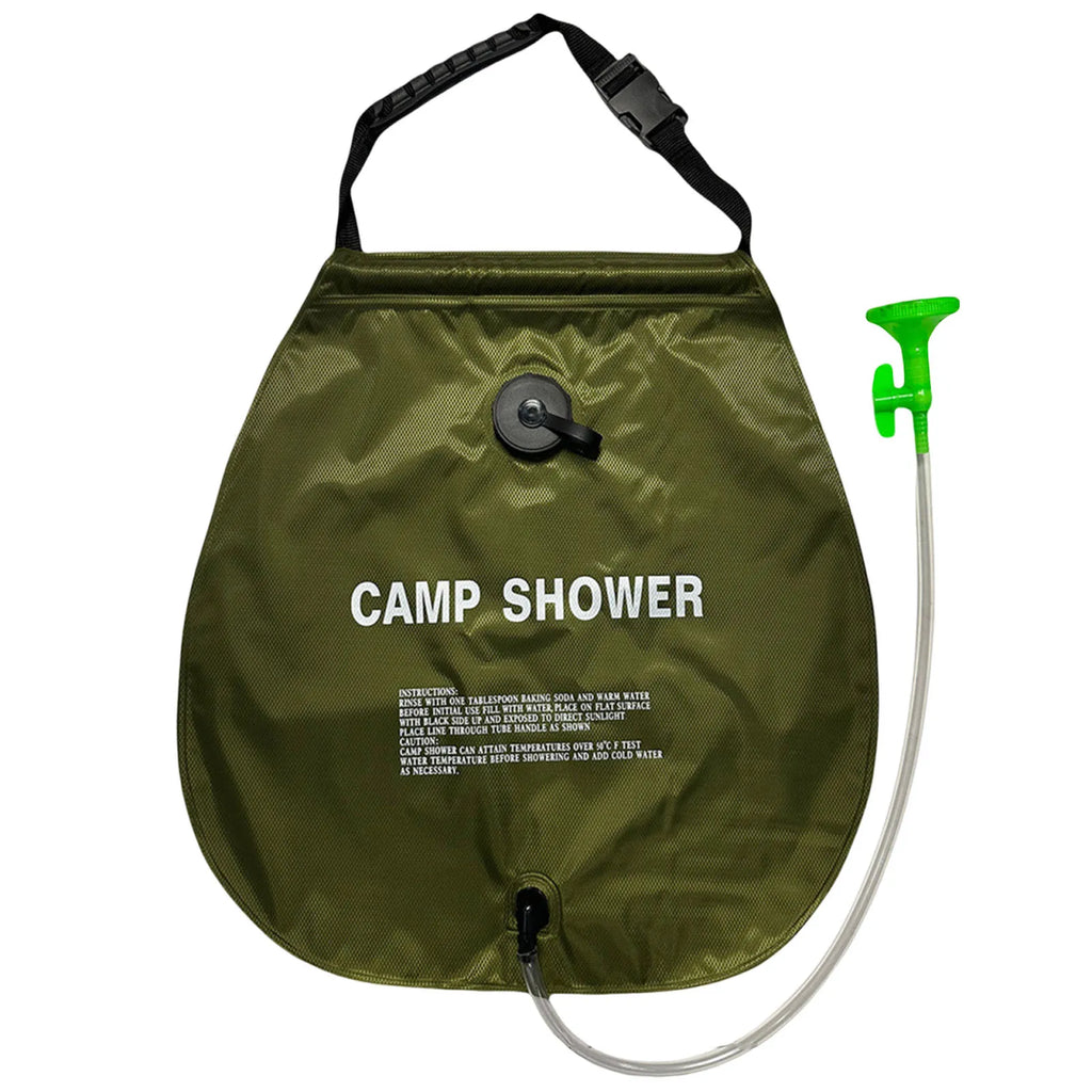 20L Foldable Solar Camp Shower Bag – Hose & Nozzle Included Camping Shower Bag Qme Green