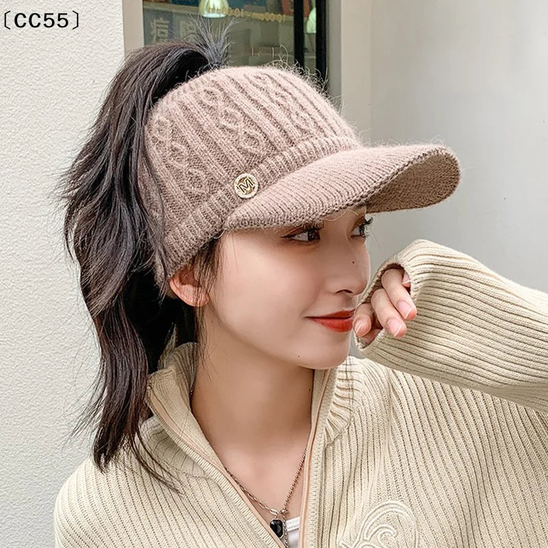 Women's Hollow Knit Top Hat – Warm Ear Protection Beanie Knitted Winter Hat Qst