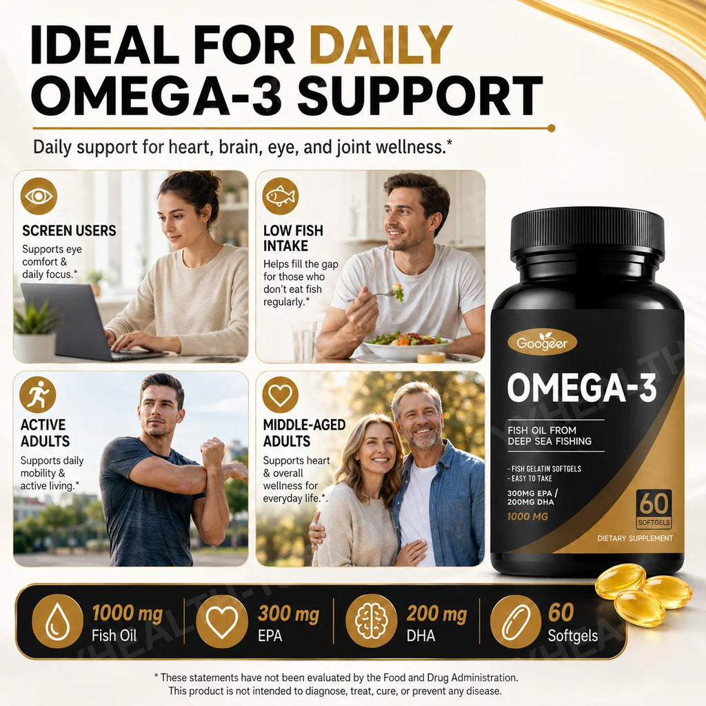 Googeer Omega-3 Fish Oil Softgels EPA 300mg DHA 200mg 60ct Fish Oil Supplement Qst