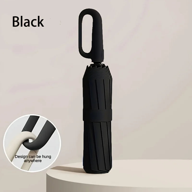 10-Bone Auto Folding Umbrella – Extra Large Sun & Rain Parasol Folding Parasol Umbrella Qst black 10K Iron