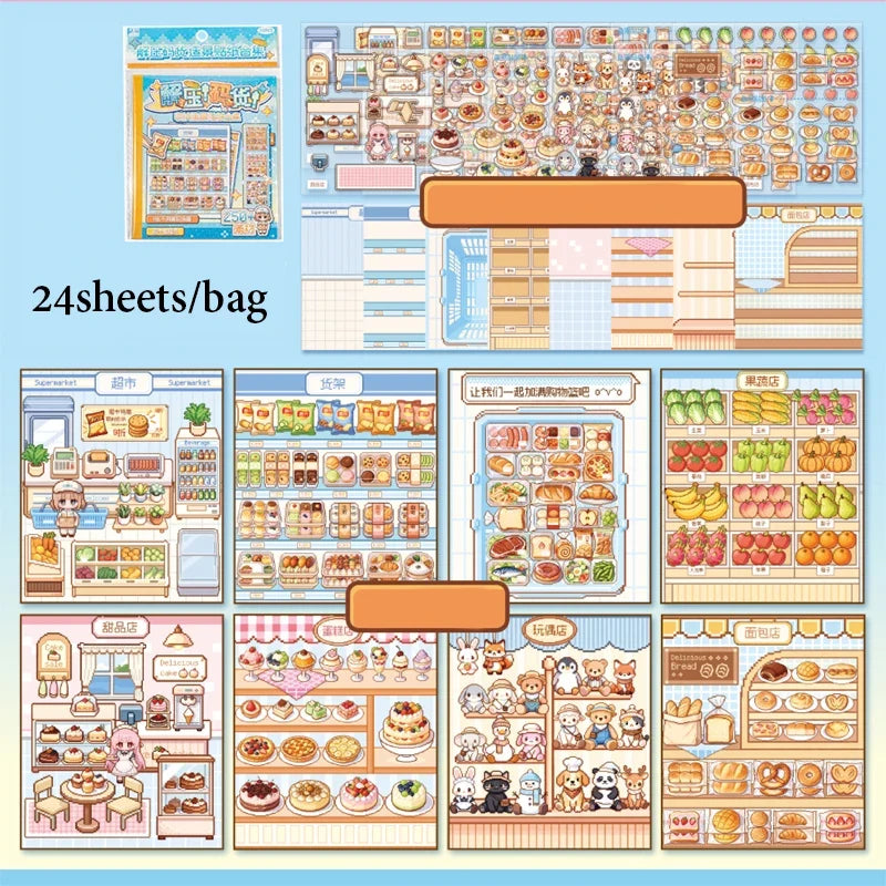 Pixel Art Mini Diorama Sticker Book – Cute Scenes & 2 Colors Decorative Sticker Book Qme B