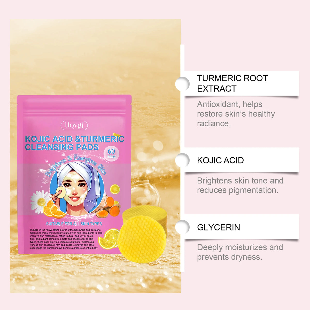 Turmeric & Kojic Acid Facial Cleanser Pads – 40/60 Pcs Facial Cleanser Pads Qst