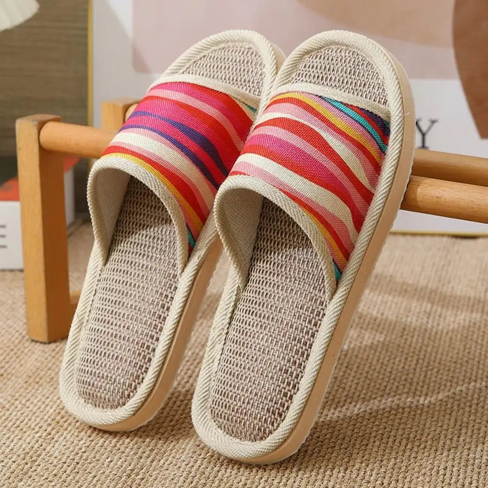 Multicolor Linen Indoor Slippers – Non-Slip Striped Slides Indoor Slippers Qme