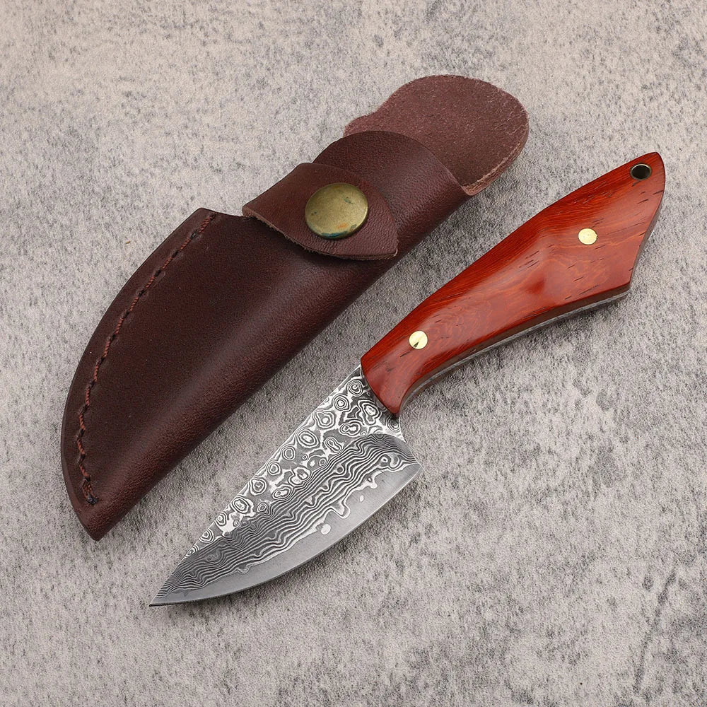 VG10 Damascus Steel Fixed Blade Knife – Sandalwood Handle EDC Fixed Blade Knife Qst Knife With Case