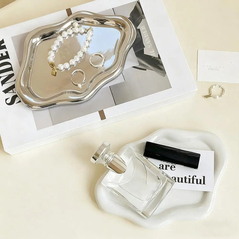 Decorative Metal Jewelry Storage Tray – White & Silver Jewelry Storage Tray Qme