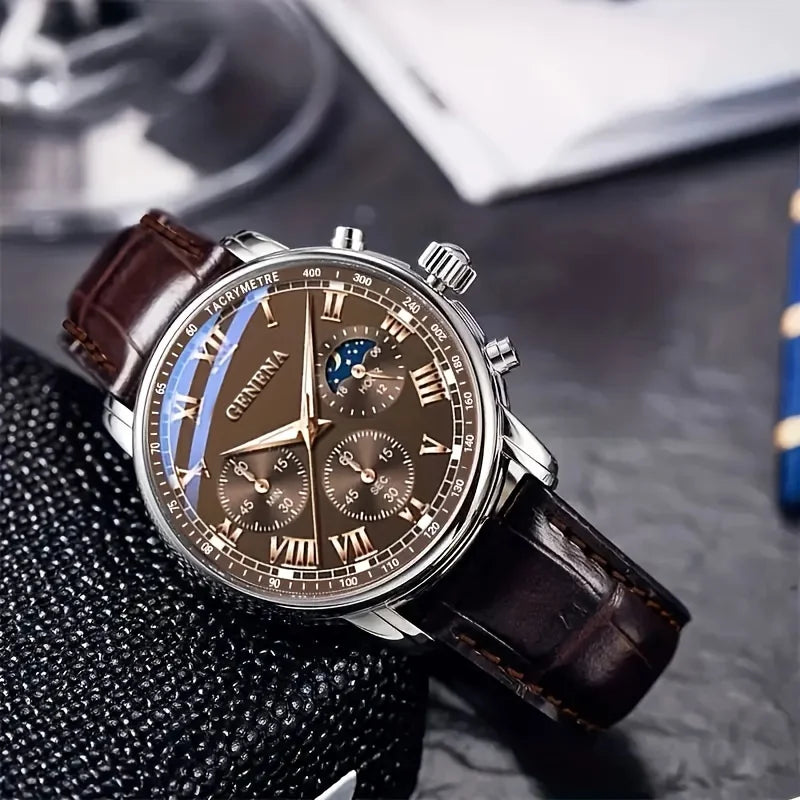 Geneva Men's Quartz Watch – Leather Strap, Large Dial, Bronze Men's Quartz Watch Qme