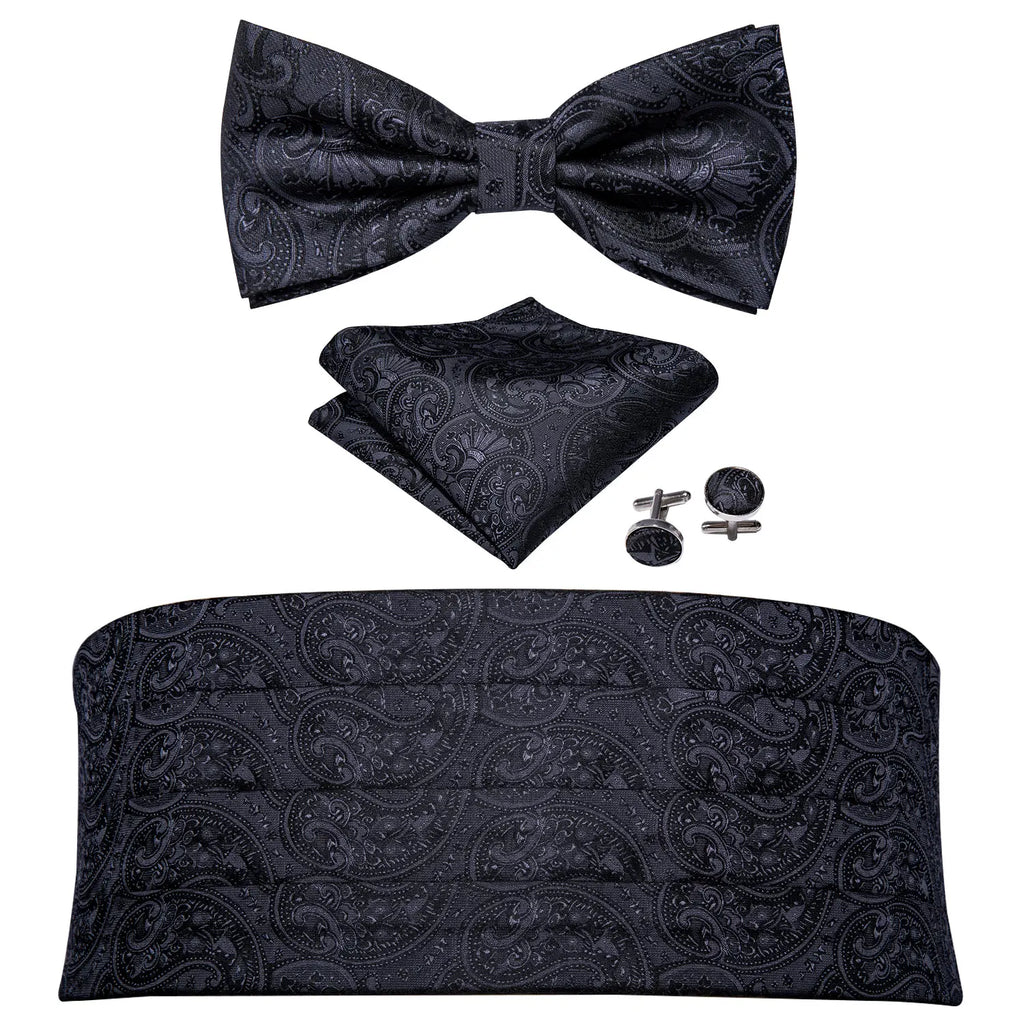 Men's Jacquard Paisley Cummerbund Bow Tie & Pocket Square Set Cummerbund Bow Tie Set Qme