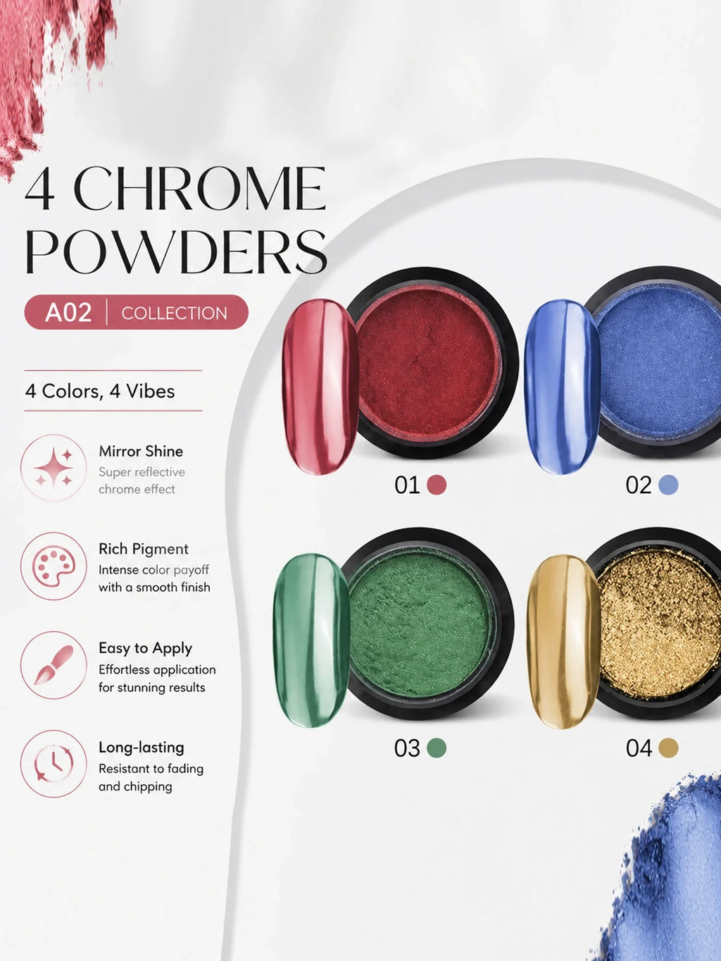 4-Color Metallic Mirror Nail Powder – DIY Chrome Nail Art Set Mirror Nail Powder Qme 1 SET
