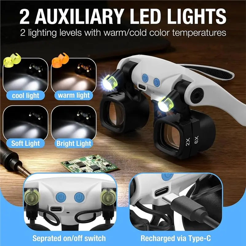 Jewelers Magnifying Glasses with LED Light & 5 Lens Pairs Magnifying Headband Glasses Qme