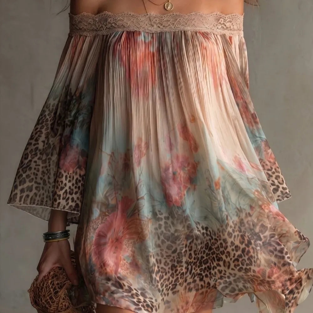Floral Off-Shoulder Lace Trim Loose Summer Dress Summer Dress Qme