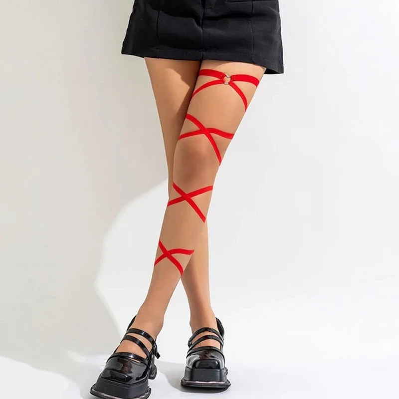 Women's Gothic Harajuku Thigh Harness Garter – Elastic Leg Strap Thigh Harness Garter Qme 1PC red One Size