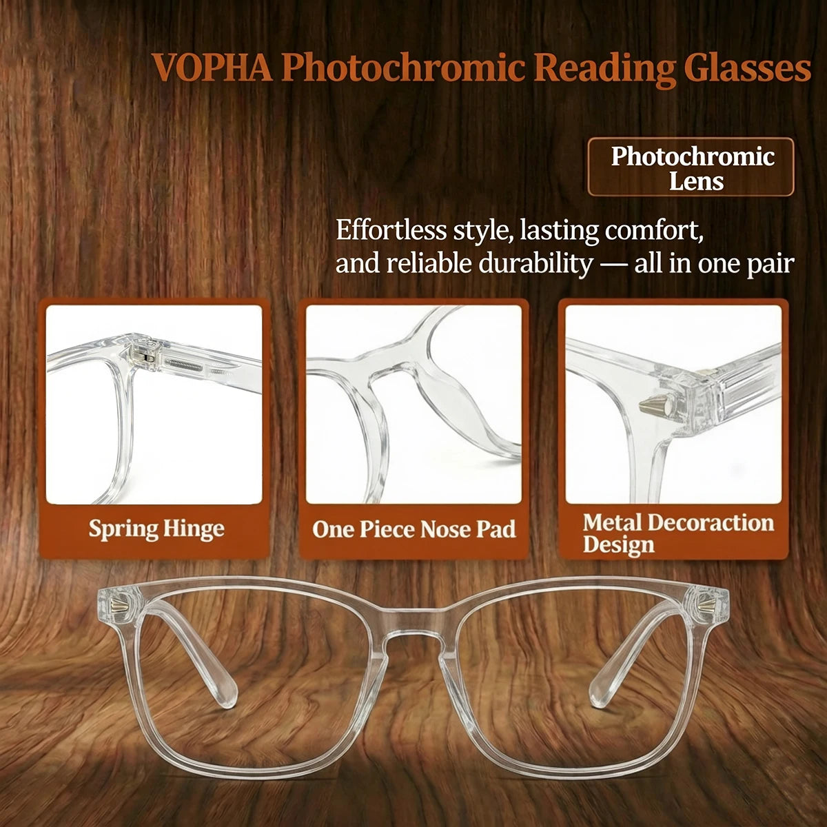 VOPHA Square Photochromic Reading Glasses Anti-UV +1.0–+3.0 Photochromic Reading Glasses Qst