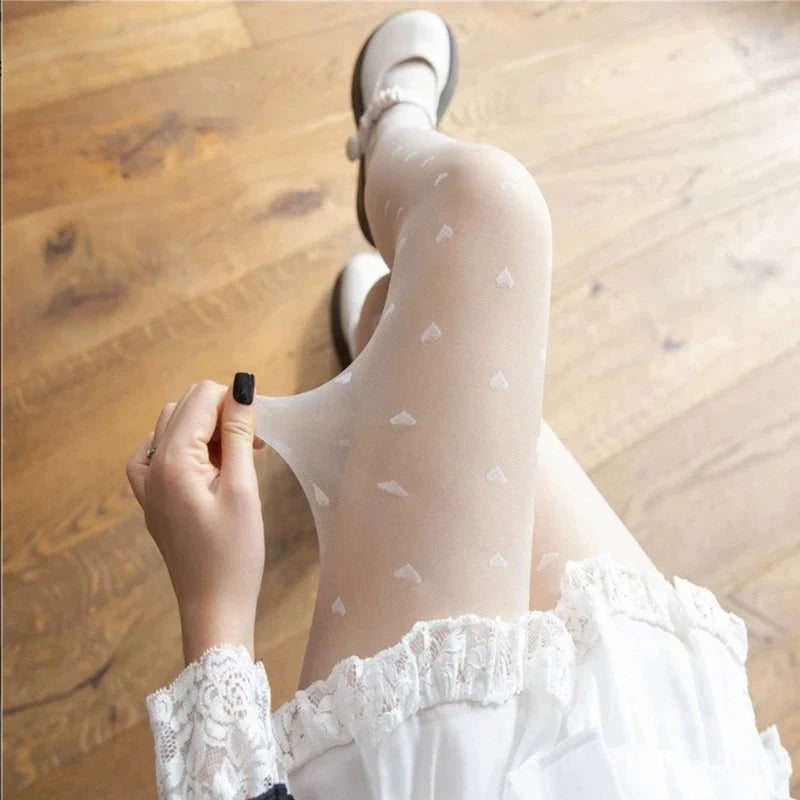 Women's Black Heart Tights Vintage Faux Tattoo Sheer Stockings Fashion Tights Qme WHITE