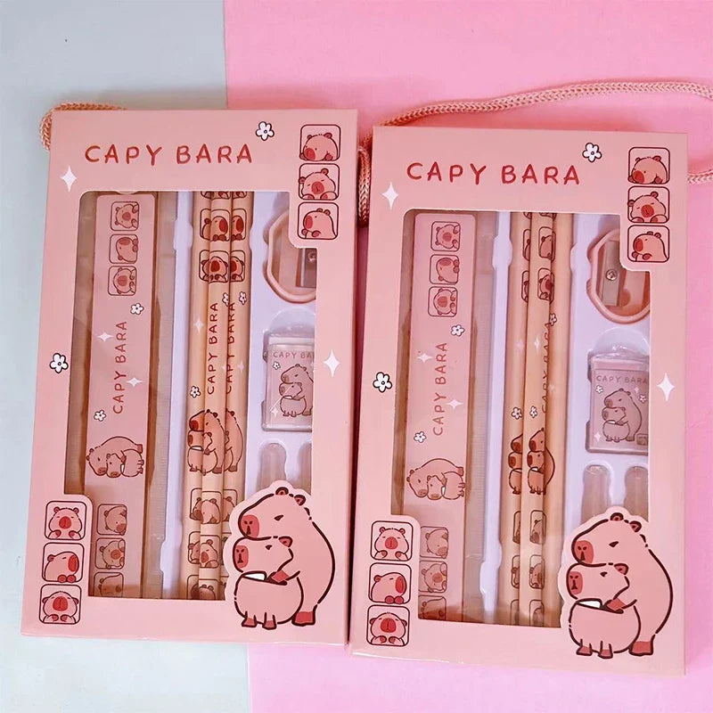 Capybara Cartoon Stationery Set – Pencil, Ruler, Eraser & Sharpener Kids Stationery Set Qme