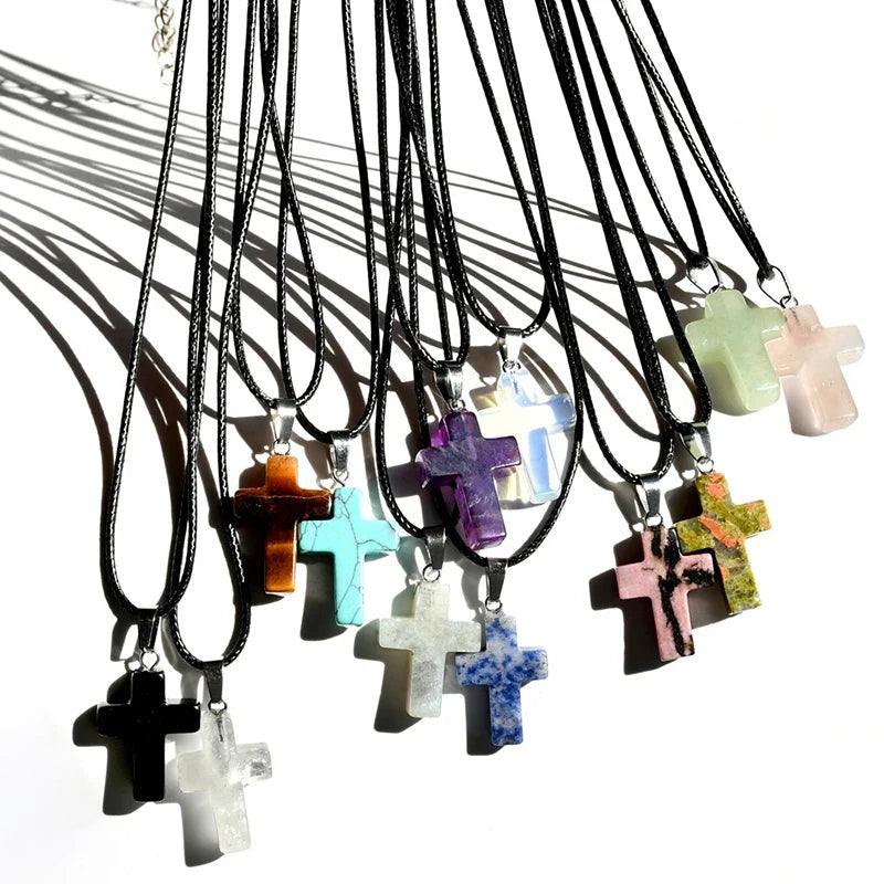 Natural Stone Cross Pendant Necklace | Punk Rock Y2K Style Stone Cross Necklace Qme