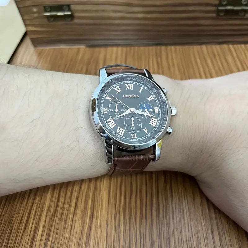 Geneva Men's Quartz Watch – Leather Strap, Large Dial, Bronze Men's Quartz Watch Qme