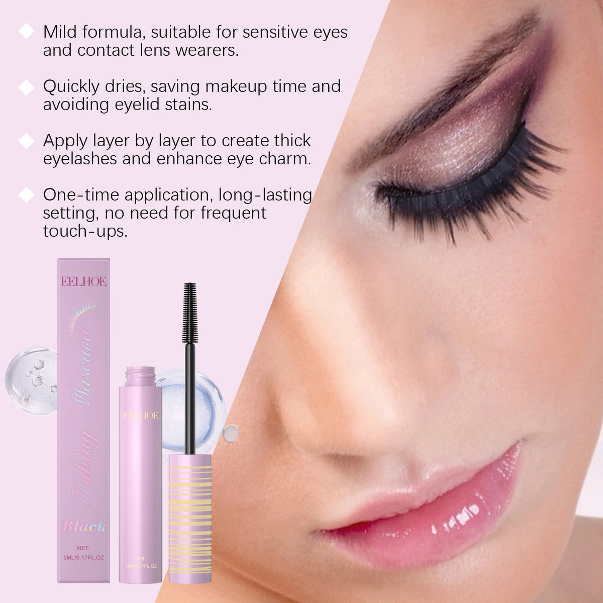 Eelhoe Black Mascara – Smudge-Proof Volumizing Eye Makeup Volumizing Mascara Qst