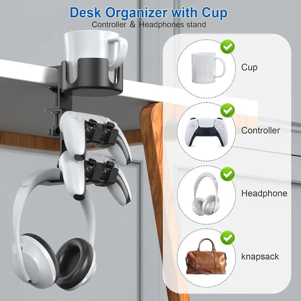 Headphone Stand & Desk Cup Holder – 360° Rotating Headset Hanger Headphone Stand Qme
