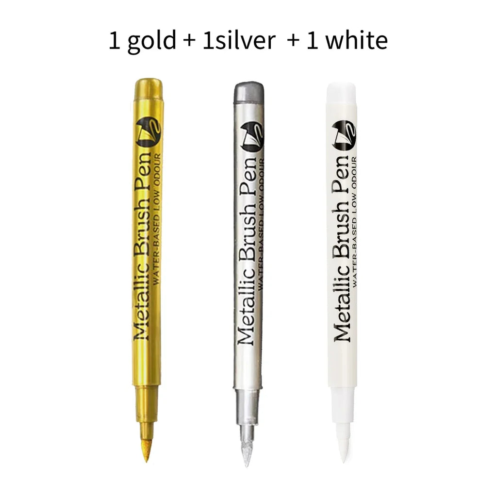Metallic Brush Marker Pens – Gold, Silver, Copper & White Metallic Brush Markers Qme 1White 1Gold 1Silver