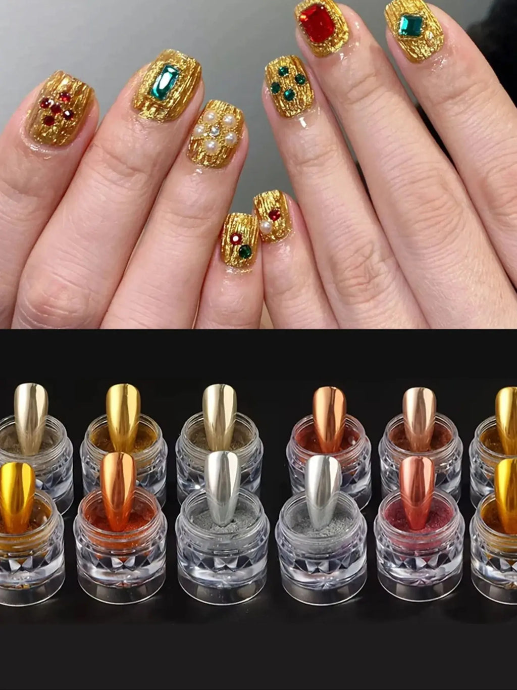 Mirror Chrome Nail Powder – Gold, Silver & Pearl Set Chrome Nail Powder Qme 1 set