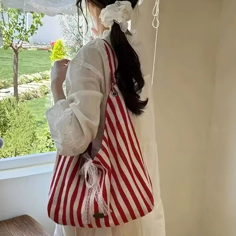 Women's Striped Reversible Hobo Tote Bag with Lace Bow Decor Reversible Hobo Tote Qme