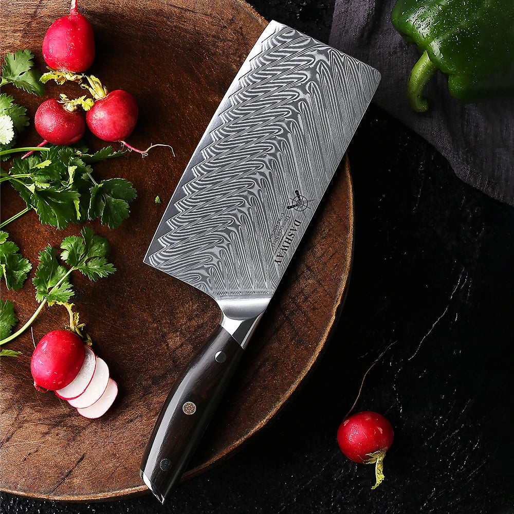 DASHWAY 7" Damascus Steel Cleaver Knife – Ebony Handle Damascus Cleaver Knife Qst