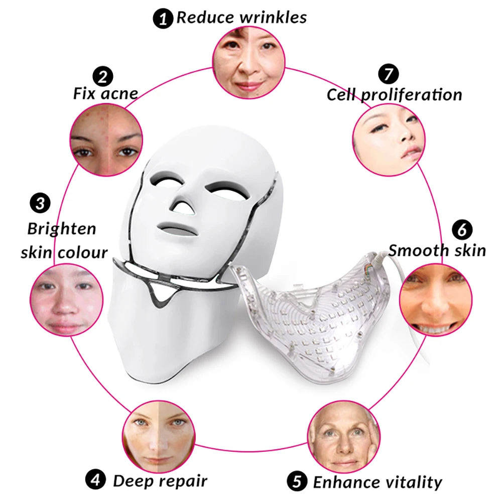 7-Color LED Face & Neck Mask – 192 LEDs Light Therapy Device LED Light Therapy Mask Qst