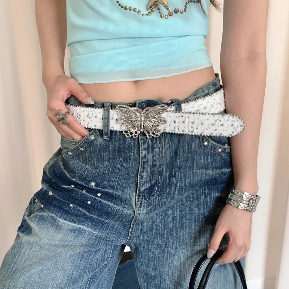Sequin Butterfly Wide Belt – Y2K Punk Korean Denim Style Wide Fashion Belt Qme