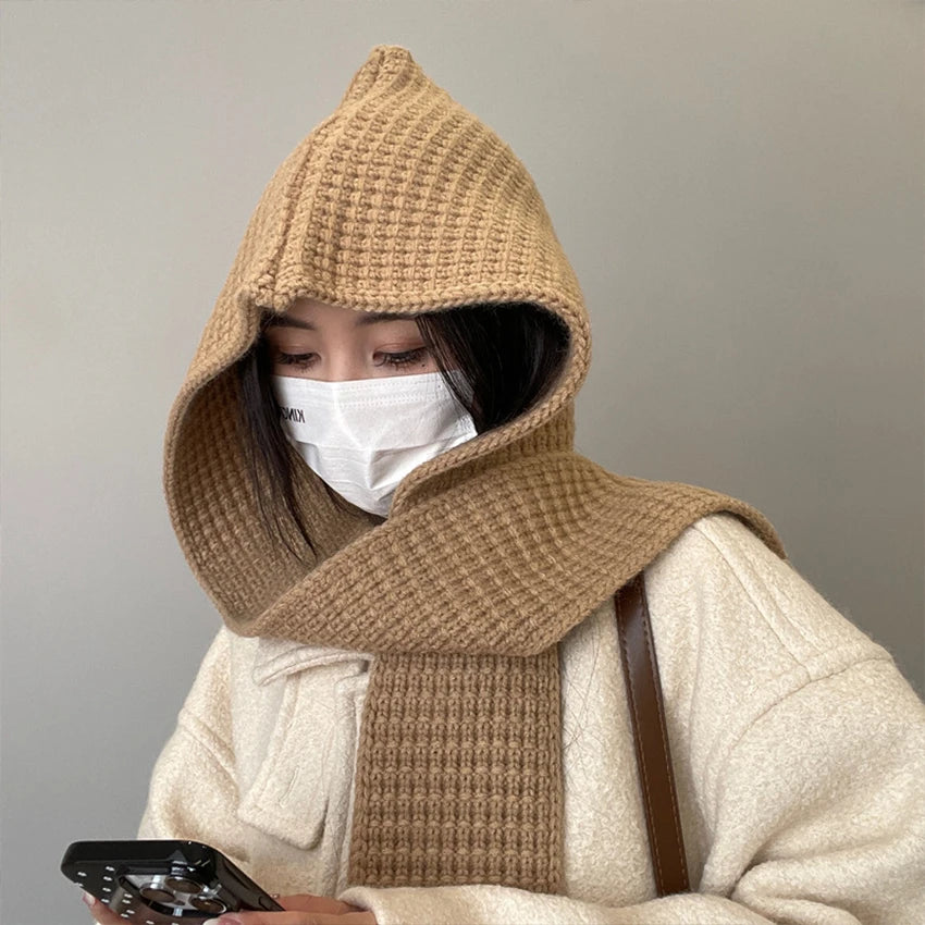 Knitted Hooded Scarf – Warm Windproof Winter Hat Scarf Unisex Hooded Knit Scarf Qst