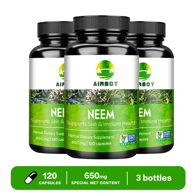 Organic Neem Supplement – Skin, Immune & Liver Support Herbal Supplement Qst 120 Capsule-3bottles