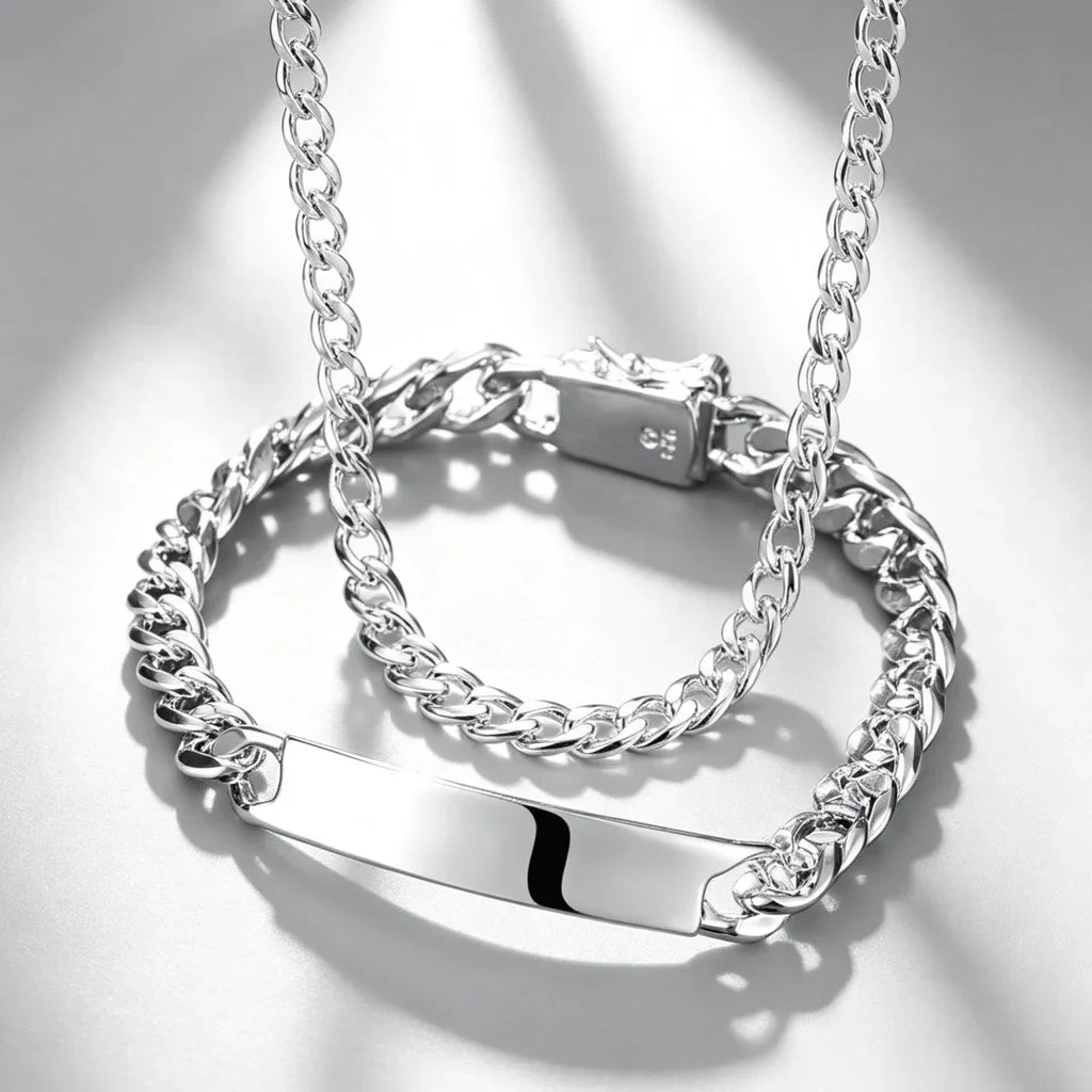 925 Sterling Silver Figaro Chain Bracelet & Necklace for Men Sterling Silver Chain Qme Necklace Bracelets 60cm and 20cm