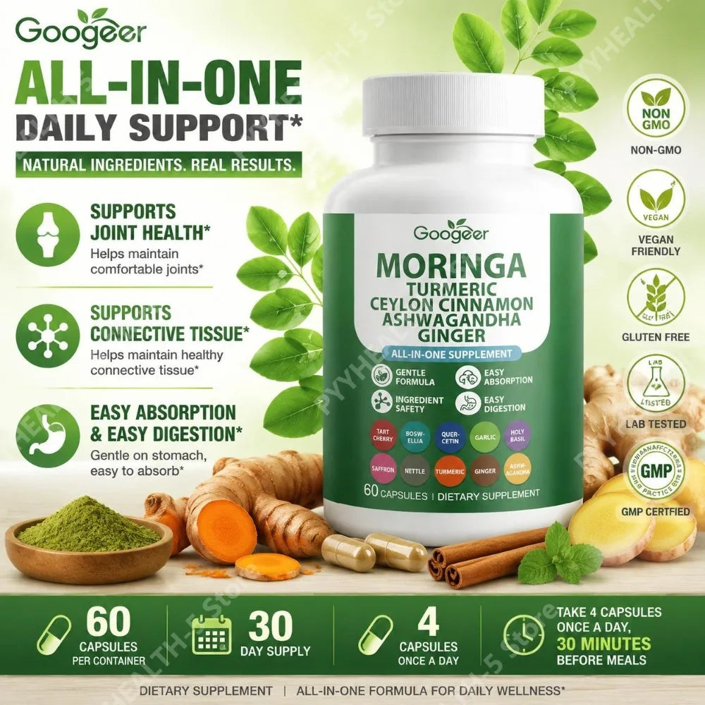 Googeer Moringa Turmeric Capsules w/ Ashwagandha & Ginger 60ct Herbal Supplement Qst