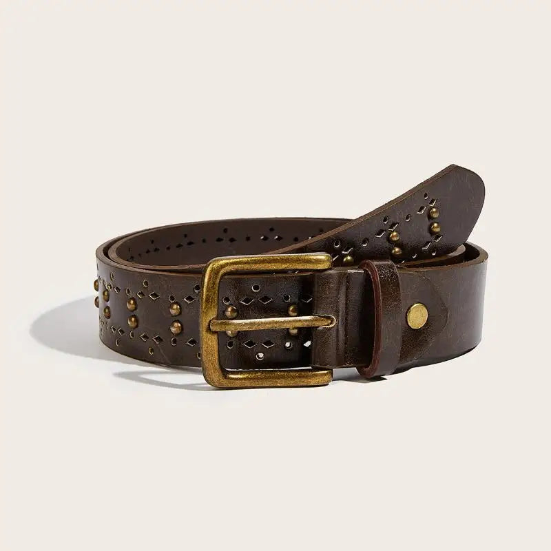 Vintage Boho Western Belt – White Stone Buckle Embossed Leather Boho Leather Belt Qst A5