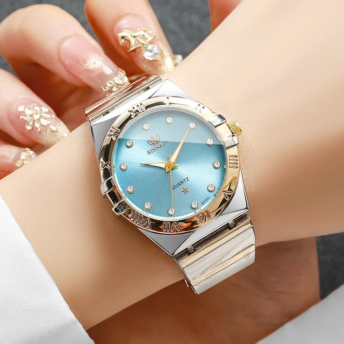 Women's Two-Tone Rhinestone Quartz Watch – Blue Dial Fashion Quartz Watch Qme