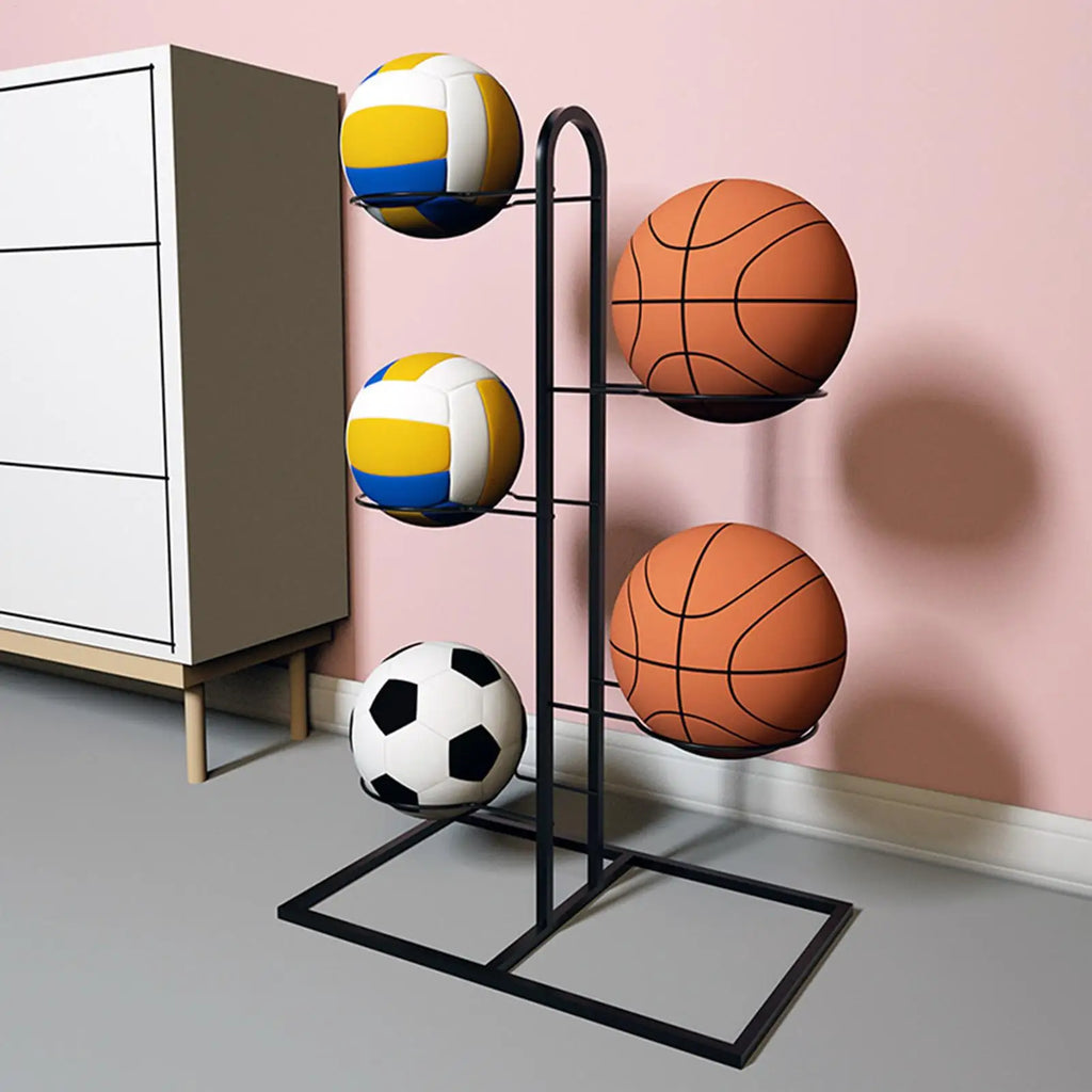 Bamboo Multi-Layer Ball Rack – Basketball & Football Stand Ball Storage Rack Qme