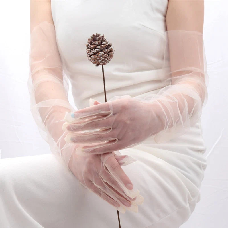 Women's Long Sheer Tulle Gloves Full Finger Mesh Arm Gloves Mesh Fashion Gloves Qme