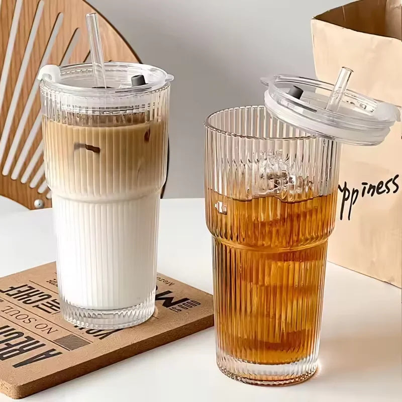 600ml Ribbed Glass Cup with Lid & Straw | Borosilicate Glass Drinkware Set Qme