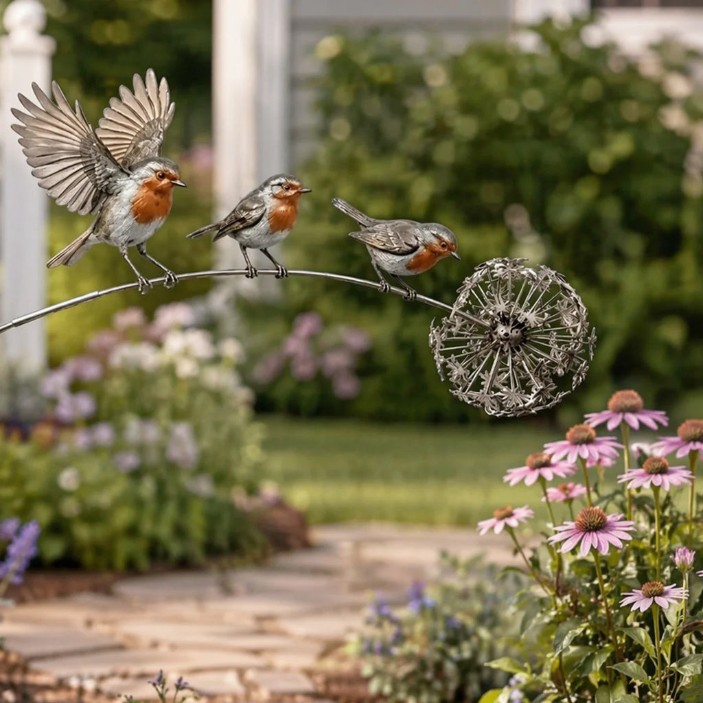 Rustic Robin Bird Garden Stake Dandelion Accent – Metal Yard Art Garden Stake Qme