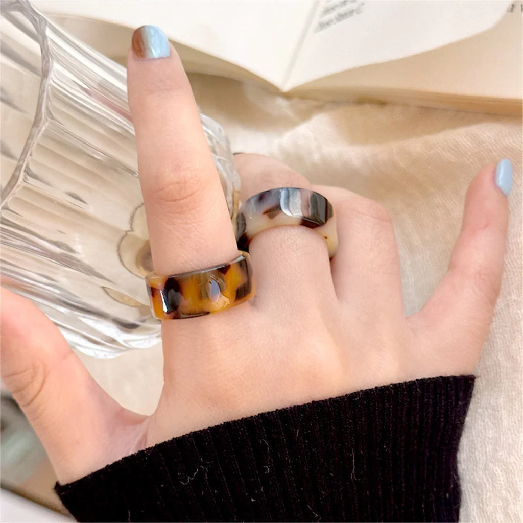 Leopard Print Amber Resin Geometric Open Ring | Adjustable Fashion Ring Qme