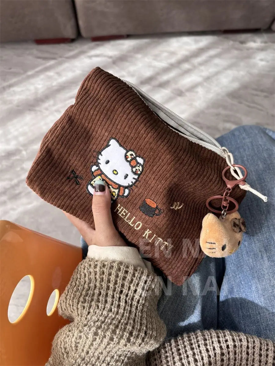 Hello Kitty Embroidered Corduroy Makeup Bag – Large Capacity Cosmetic Makeup Bag Qme
