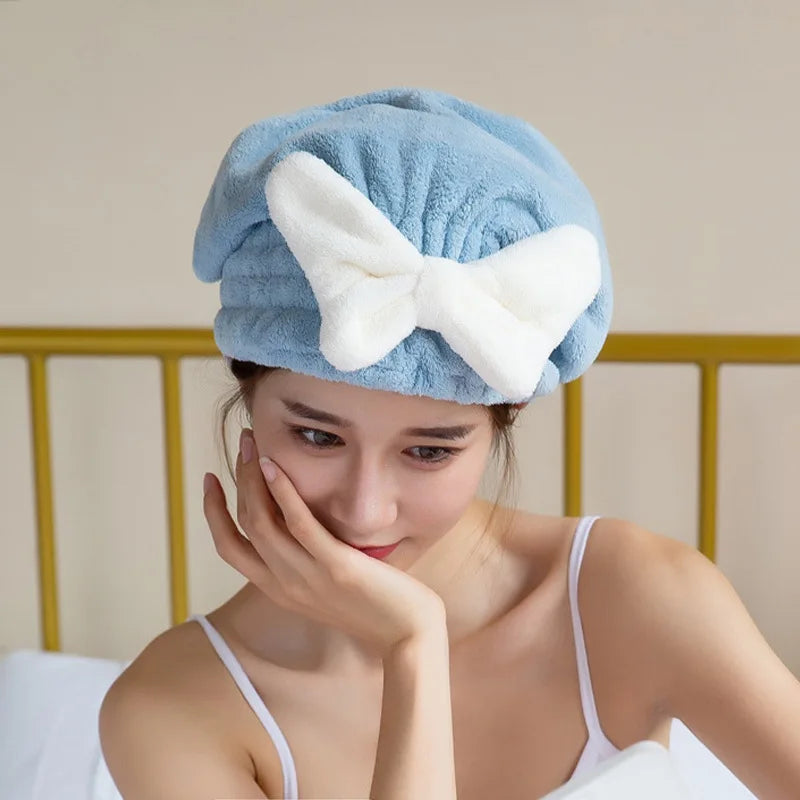 Cute Bow Velvet Hair Towel Wrap – Quick-Dry Absorbent Cap Hair Towel Wrap Qme