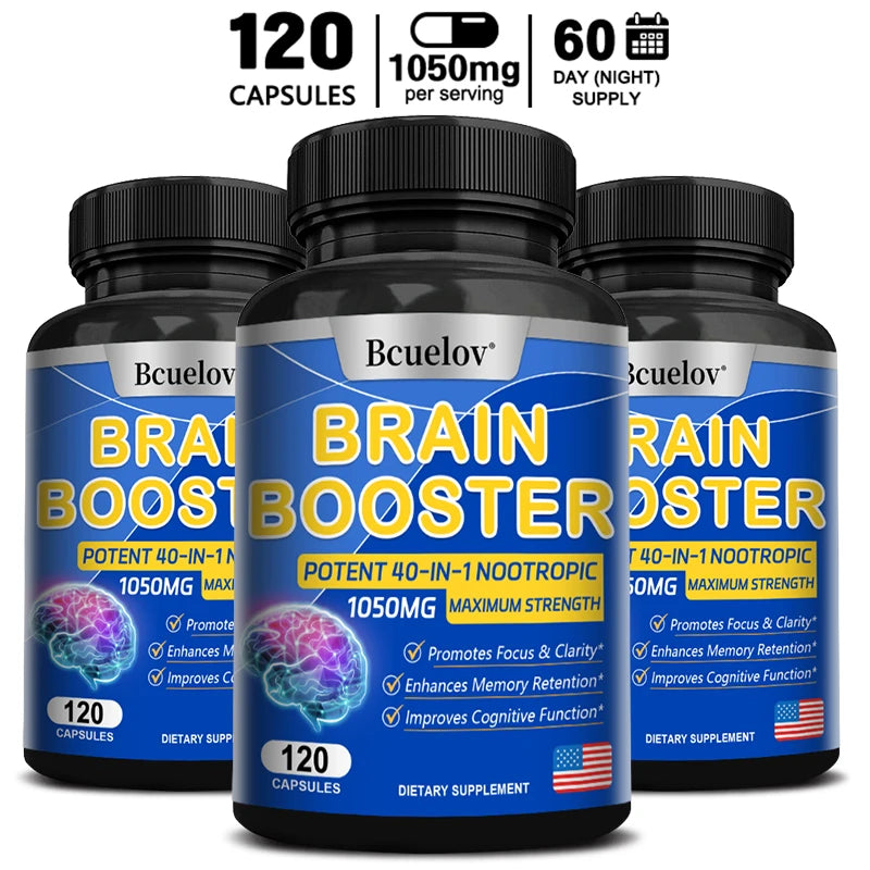 Brain Nutrition Capsules – 40-in-1 Vegan Focus Supplement Brain Health Supplement Qst 120 count-3 bottle