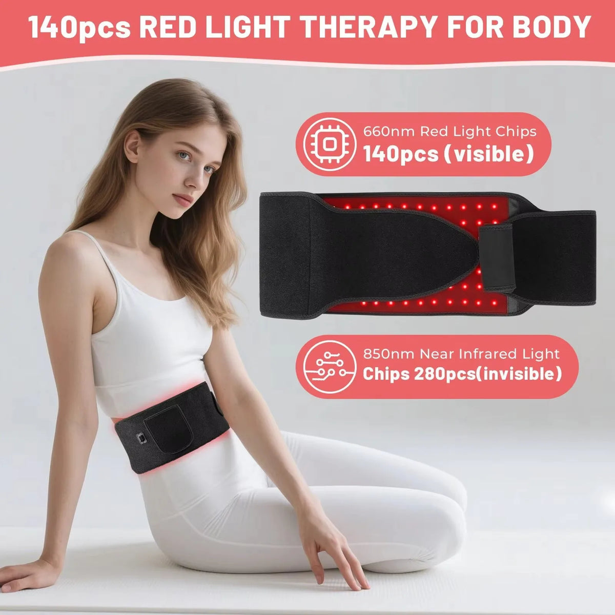 SMARTMAK Red Light Therapy Belt 140 LEDs 660nm 850nm Wrap Red Light Therapy Belt Qst