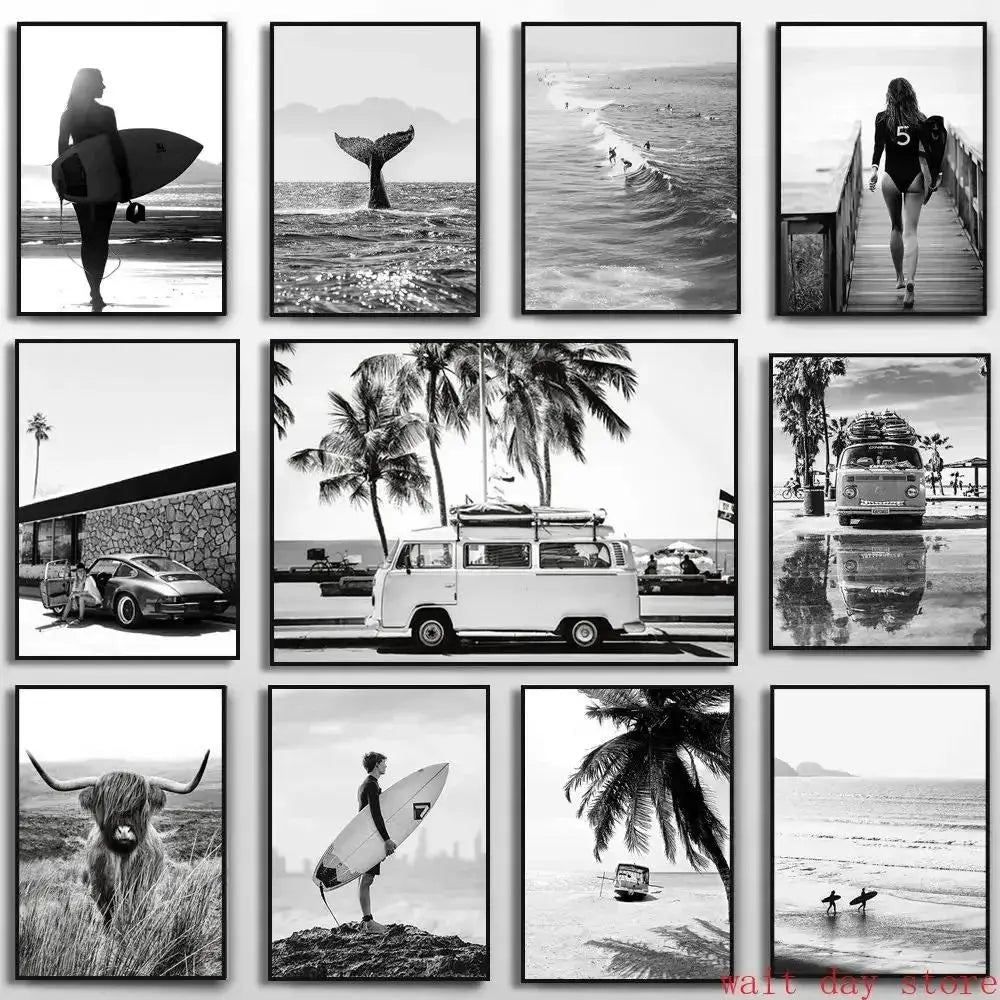 Beach Camper Van Ocean Canvas Wall Art – Surf Poster Print Canvas Wall Art Qst