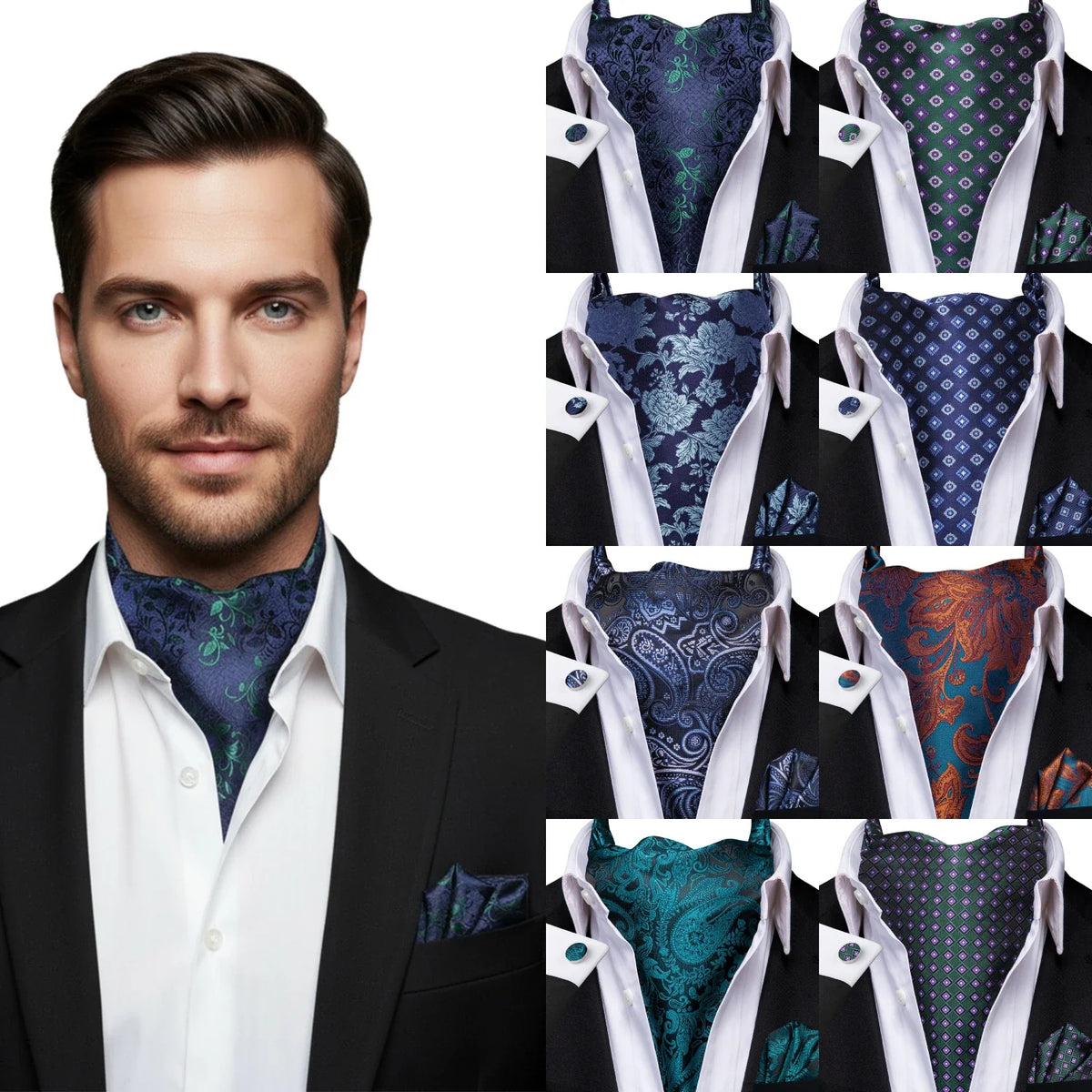 Men's Blue Floral Cravat Ascot, Pocket Square & Cufflinks Set Cravat Ascot Set Qme
