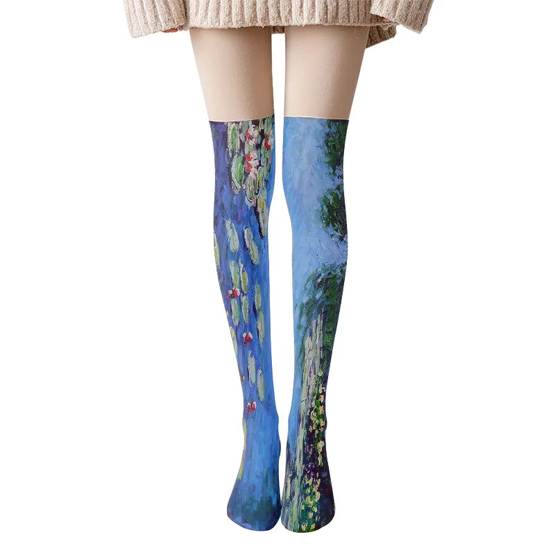 Van Gogh Art Print Thigh High Stockings – Starry Sky & Sunflower Thigh High Stockings Qme style13 One Size