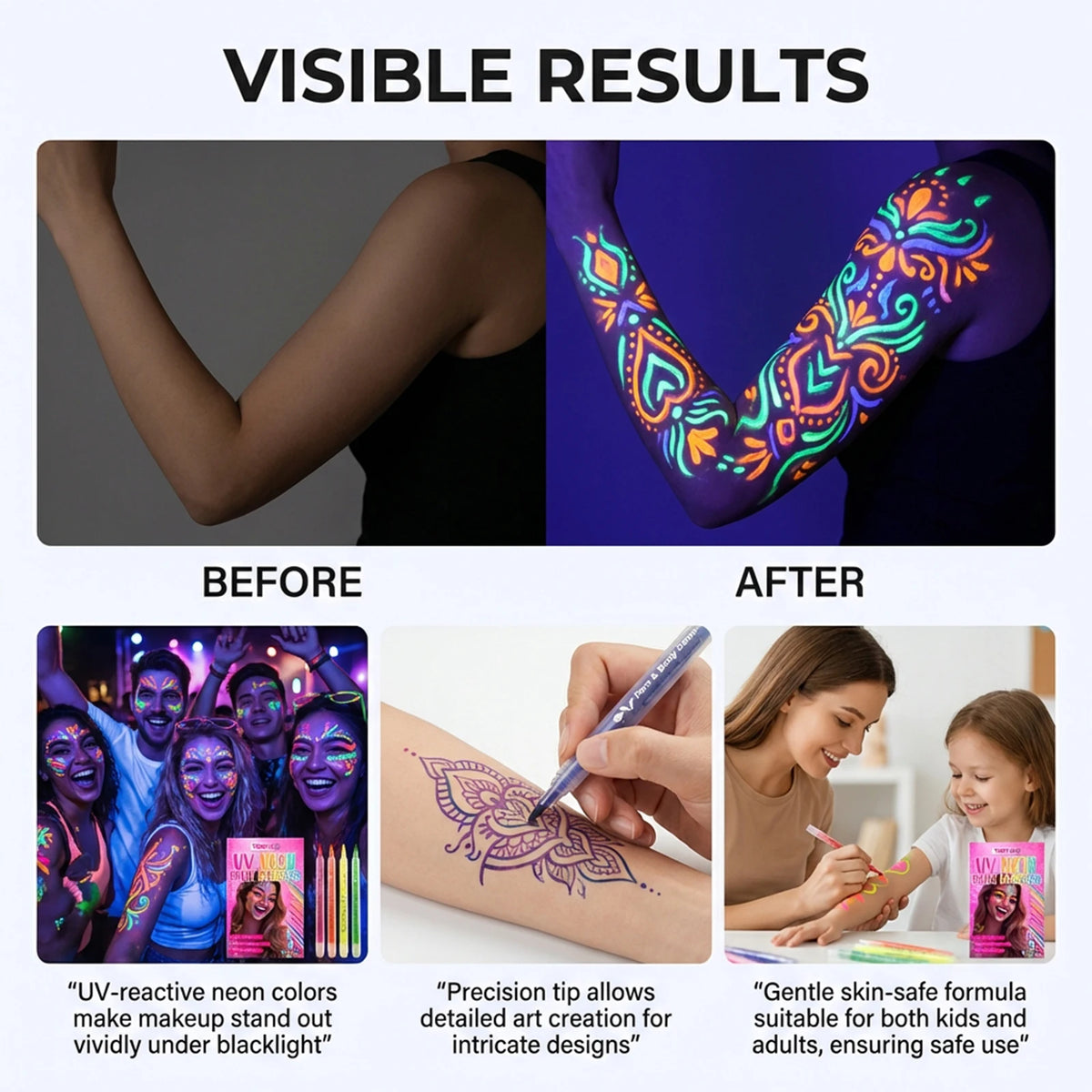 UV Glow Face & Body Paint Pens – Washable Neon Party Makeup Body Paint Pen Qst
