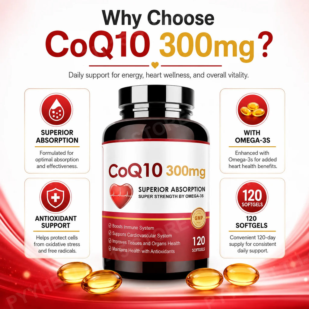 CoQ10 300mg Softgels with PQQ, Omega-3 & Black Pepper 120ct Antioxidant Softgels Qst